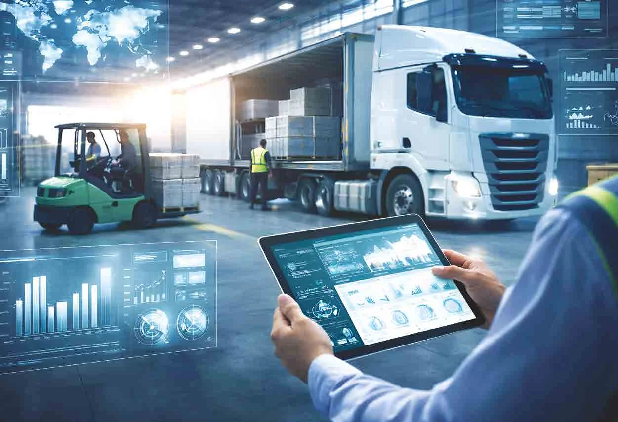 Camión y operador con una tableta que muestra analítica de logística
